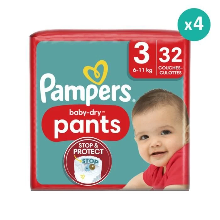 Pampers® 4x32 Couches-Culottes Baby Dry Taille 3, Pampers 3 Pampers® 4x32 Couches-Culottes Baby Dry Taille 3, Pampers