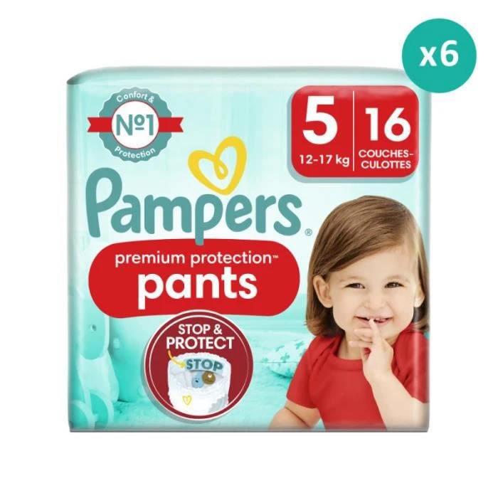 Pampers® 6x16 Couches-Culottes Premium Protection Taille 5, Pampers 3 Pampers® 6x16 Couches-Culottes Premium Protection Taille 5, Pampers