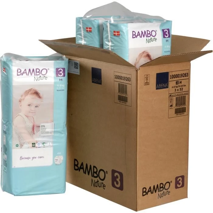 Bambo Nature Couches éco-conçues, T3, 4-8 Kg, Carton De 156 Unités (3 Sachets De 52 Unités) 3 Bambo Nature Couches éco-conçues, T3, 4-8 Kg, Carton De 156 Unités (3 Sachets De 52 Unités)
