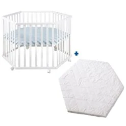 ROBA Parc Bébé Hexagonal "roba Style" Laqué Blanc + Tapis De Parc Bleu Clair + Matelas Blanc
