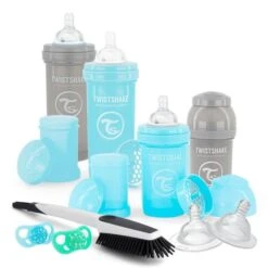 Twistshake Kit Nouveau-né-4 Biberons (anti-colique, Récipient Poudre Et Mélangeur) -2 Tétines-2 Sucettes-1 Brosse à Vaisselle-Garçon