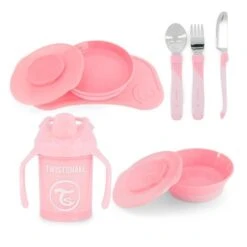 Twistshake Lot De Vaisselle - Bébé - 4 Pcs-1 Set De Table - 1 Assiette - 1 Bol - 3 Couverts En Acier Inoxydable - 1 Gobelet-6m+-Rose