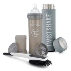 Twistshake Kit Alimentation Extérieur-Bébé-1biberon Avec Réservoir Lait En Poudre- 1thermos- 1brosse à Vaisselle-6m+-Sans BPA-Gris