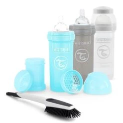 Twistshake Kit Biberon Anti-colique - 260ml -3pcs+Brosse à Vaisselle-Avec Récipient Lait En Poudre Et Mélangeur-Sans BPA-0m+-Garçon