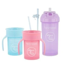 Twistshake Lot De Tasse à Bec Bébé-2 Gobelets 360-1 Gobelet Paille-2 Pailles Et 1 Joint étanche Supplémentaire -Sans BPA-Rose-mauve