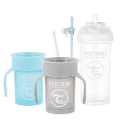 Twistshake Lot De Tasse à Bec Bébé-2 Gobelets 360-1 Gobelet Paille-2 Pailles Et 1 Joint étanche Supplémentaire -Sans BPA-Gris-Bleu