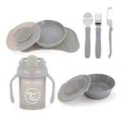Twistshake Lot De Vaisselle - Bébé - 4 Pcs-1 Set De Table - 1 Assiette - 1 Bol - 3 Couverts En Acier Inoxydable - 1 Gobelet-6m+-Gris