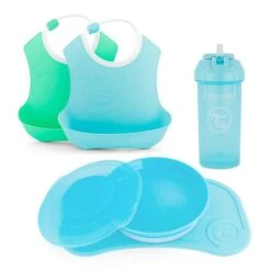 Twistshake Lot De Vaisselle - Bébé - 5 Pcs - 1x Set De Table - 1x Assiette - 2x Bavoir - 1x Gobelet -Plats De Sevrage - 6m+ - Bleu